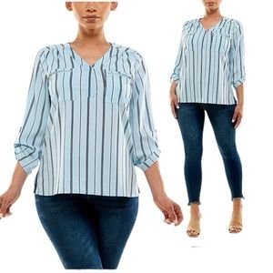 ADRIENNE VITTADINI Women's 3/4 Rollup Sleeve V-neck Top with Zipper Pockets M